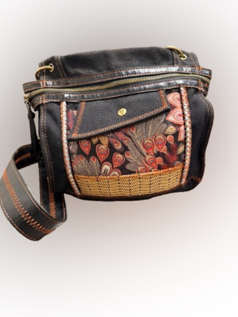 Anna Nova Boho Paisley Canvas Crossbody Shoulder Bag Black Woven Multicolor